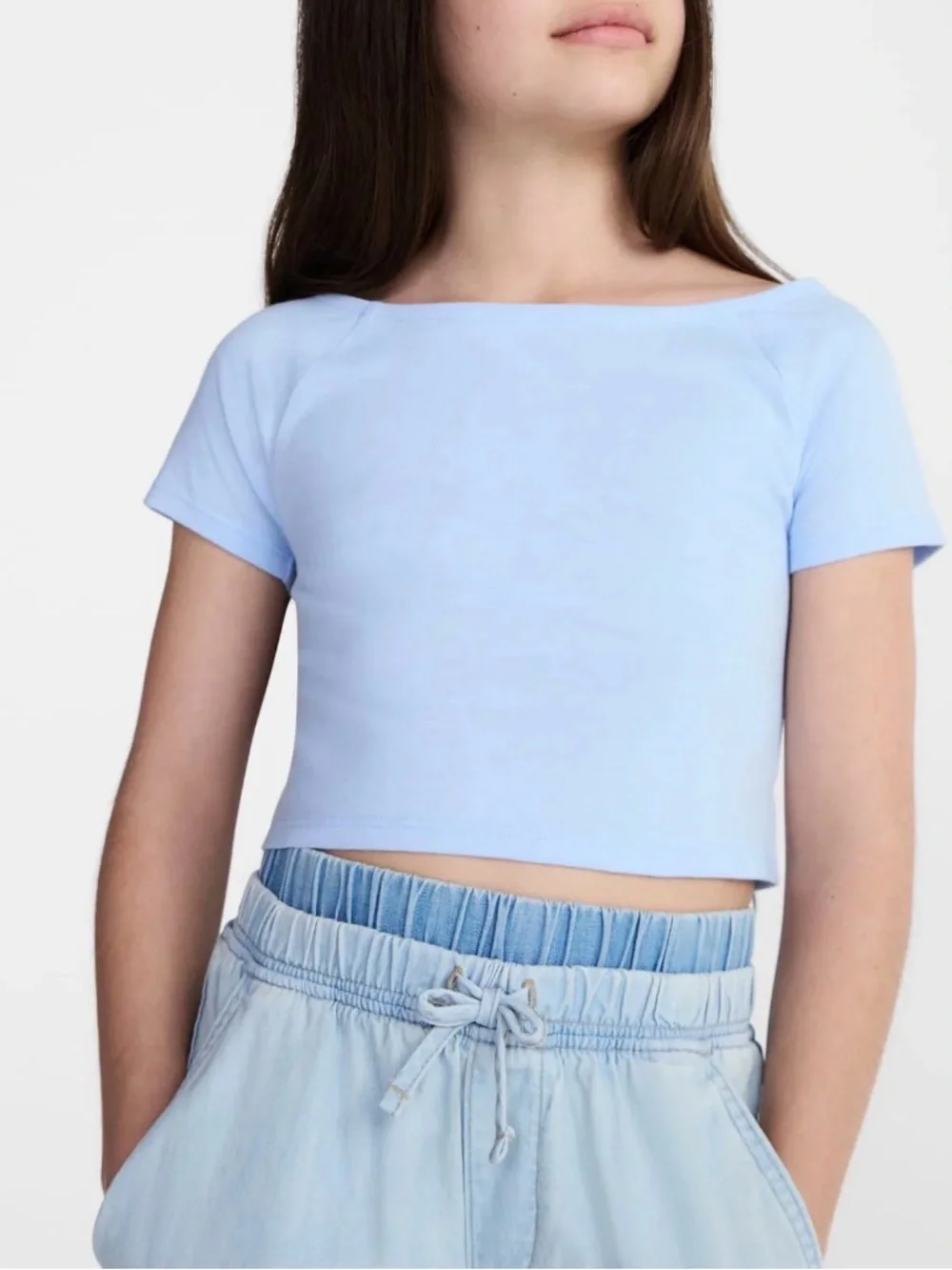 Light Blue Off-Shoulder Crop Top